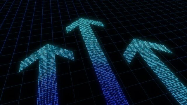 Arrow made up of binary code, network data and development