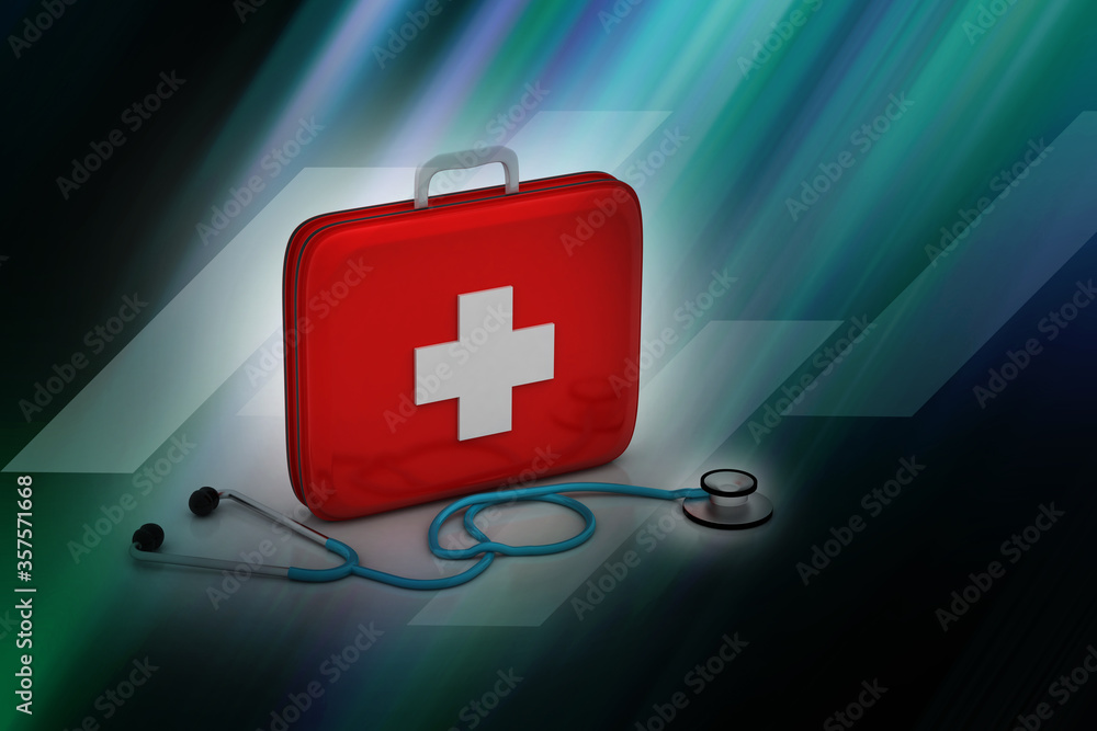 Poster 3d rendering stethoscope with first aid box