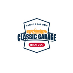 Vector illustration of classic car garage with geometric frame, classic retro car and text isolated on white background suit for tuner sign, garage logo or auto service center emblem