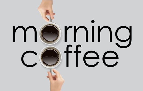 Morning coffee for two. Top view of coffee cups in hands. Realistic 3D illustration. Isolated on grey background. 