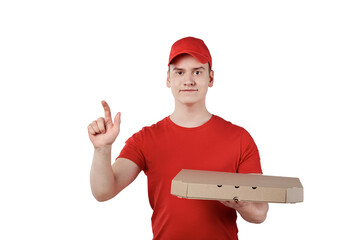 A handsome man in red overalls in a cap rings the doorbell. White background.