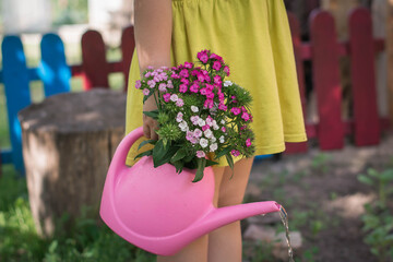 bouquet of flowers in a watering can