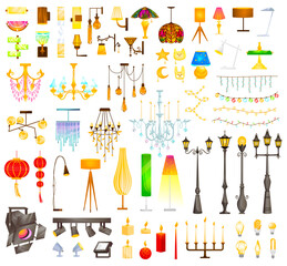 Lighting devices lamp fixtures vector illustrations. Cartoon flat elements interior collection with modern electric table wall lamp or vintage chandelier, light bulb, burning candle isolated on white