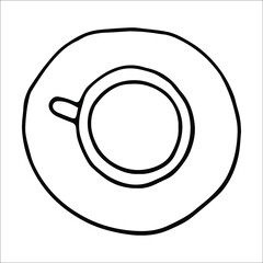 A hand drawn doodle tea cup on a white background. Vector hygge illustration for children. Logo element for a coffee shop, cafe, restaurant, and tea ceremony. Design of the coffee shop and cafe.