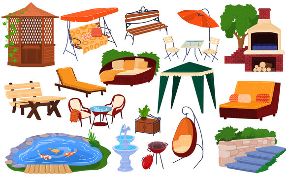 Garden furniture vector illustration set. Cartoon flat collection of backyard picnic furnishing gardening elements for barbecue pavilion, wooden bench and table, chair with umbrella isolated on white