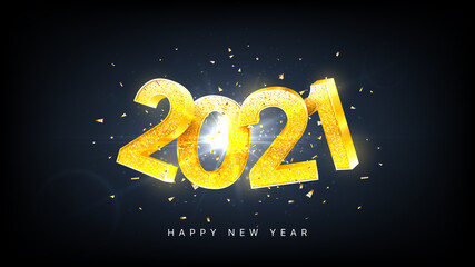 2021 Happy New Year holiday card. Vector illustration with golden numbers with confetti on black background. Merry Christmas and Happy New Year holiday symbol template.