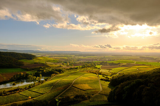 Weinberge am Stollberg &ndash; Deutschlands h&ouml;chstem Weinberg - bei Handthal im Steigerwald, Landkreis Schweinfurt, Unterfranken, Franken, Bayern, Deutschland
