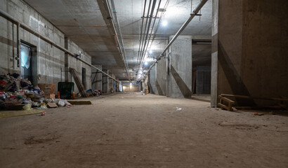 Illuminated commercial basement with debris