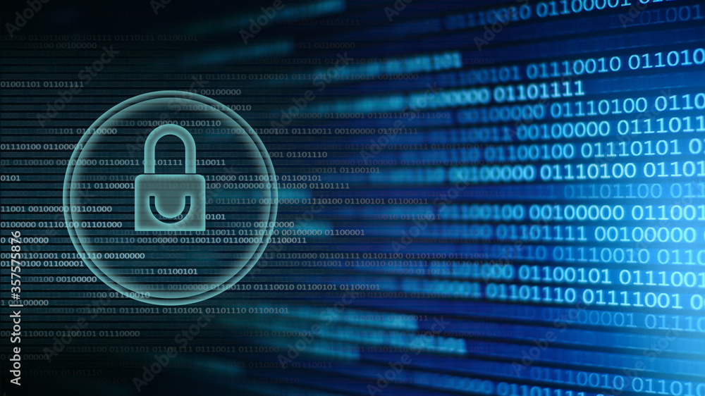 Poster white light digital padlock icon on blue binary code matrix background. safe data and information transfer. digital communication and  cloud computing.