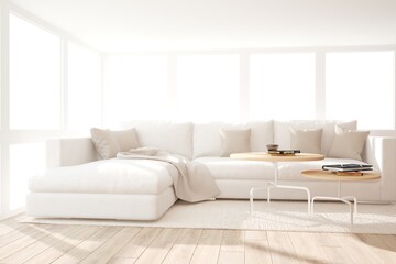 modern room with sofa,carpet,table,books,pillows,plaid interior design. 3D illustration