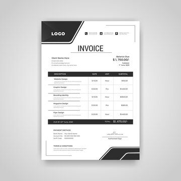 Abstract modern black and white business invoice template. Quotation Invoice Layout Template Paper Sheet Include Accounting, Price, Tax, and Quantity. Vector illustration of Finance Document