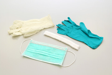 Personal protective equipment for jealth staff handing in hospital or laboratory such as surgical mask, gloves, disposable cap.