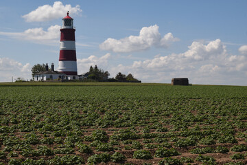 Fototapeta na wymiar Distinctive red and white lighthouse in Happisburgh, Norfolk, UK