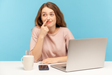 Lazy inefficient woman employee picking nose and looking away with dreamy careless comical...