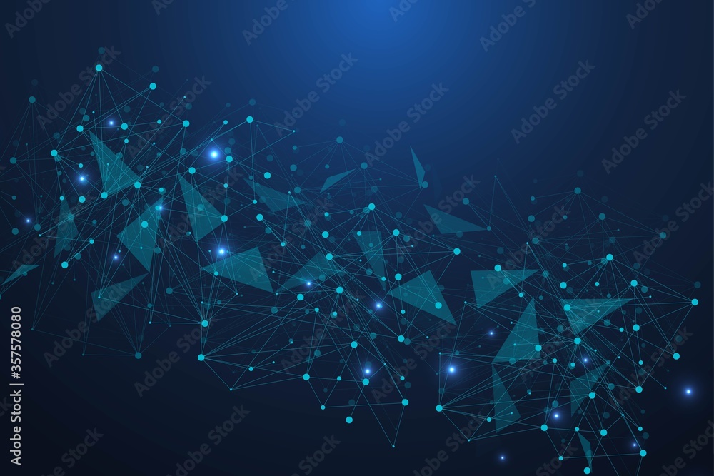 Poster geometric abstract background with connected line and dots. structure molecule and communication. bi