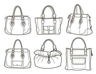 collection of women's handbags isolated on white (coloring book)