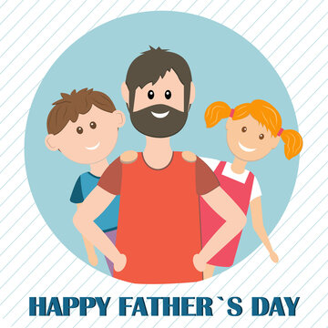 Father's day card with the image of father, son and daughter, color vector illustration in flat style, gift, design, decoration