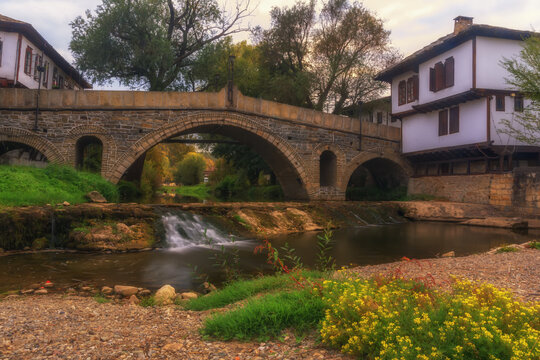Beautiful view of the Clock tower and the old town in the architectural traditional complex in Tryavna, Bulgaria