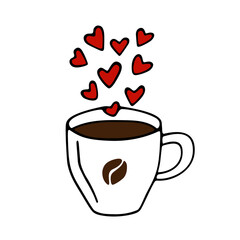 Large mug of coffee or cocoa hand-drawn. Vector illustration in doodle style black outline with red and brown elements on a white background