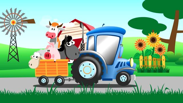 Cartoon tractor carries animals on a rural road. Looped animation.