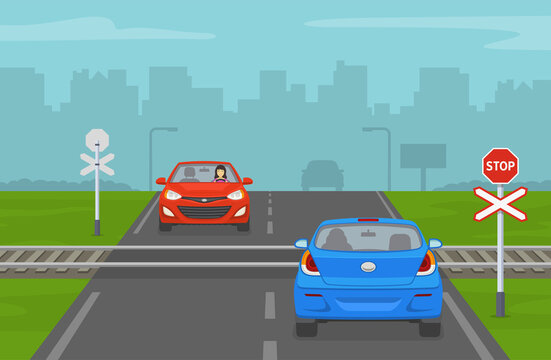 Cars stopped at a railway crossing without barriers. Driving a car. Flat vector illustration.