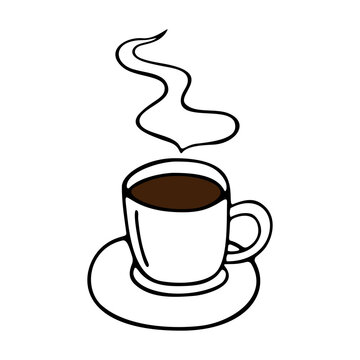 Large mug of coffee or cocoa on a saucer hand-drawn. Vector illustration in doodle style black outline with brown element on a white background