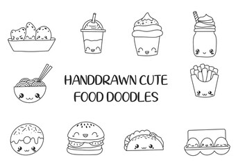 Set of Cute Food Doodles. Kawaii Food Icon doodles. Cute muffin, hamburger, french fries, milkshake, eggs, noodles.