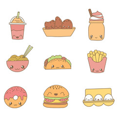 Set of Cute Food Doodles. Kawaii Food Icon doodles. Cute muffin, hamburger, french fries, milkshake, eggs, noodles.