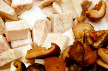 Sliced taro and mushrooms for hot pot soup mix