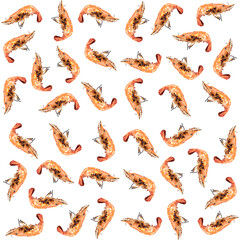 Seamless pattern of grilled shrimps on white background