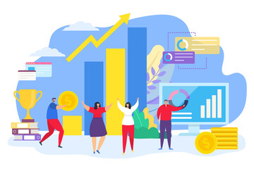 Teamwork business success concept, vector illustration. Cooperation management and finance graphic at cartoon background. People character abstract goal achievement, project profit.