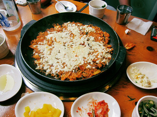 Dak-galbi, or spicy stir-fried chicken, is a popular Korean dish made by stir-frying marinated diced chicken