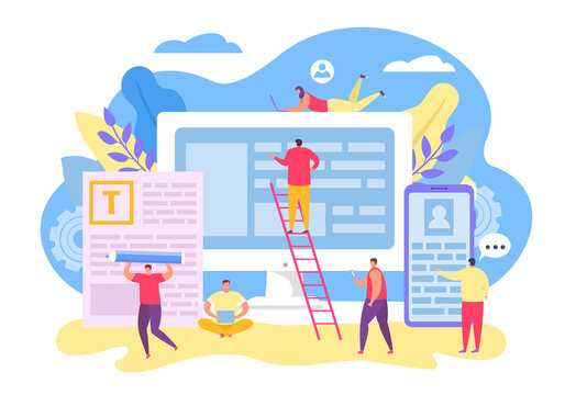 Teamwork character for contect management, vector illustration. Seo team design application, write text on large cartoon screen. Internet site development, digital interface project.