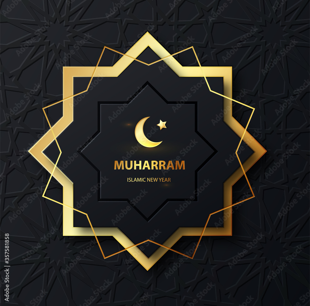 Wall mural Happy muharram islamic new hijri year background. Crescent moon at dark background. Muslim community festival backdrop banner template design