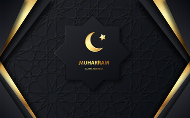 Muharram islamic new holiday. Gold moon and luxury islamic elements background