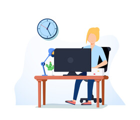 Office Worker Busy Business Woman or Freelancer Working on Laptop Sitting at Table Workplace Thinking of Task. Freelance