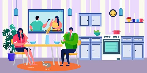 Fototapeta premium Couple have breakfast at home together, vector illustration. Man woman people character at table eat food. Happy romantic flat dinner in house, morning meal with cartoon love person.