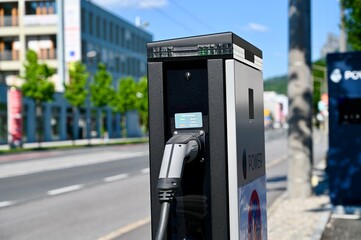 Charging station for electric cars in a parking lot.