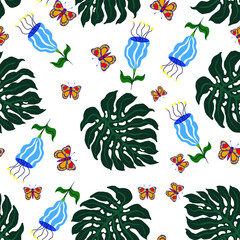 seamless pattern tropical flowers and leaves and butterflies vector illustration isolated on white background
