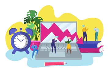 Business arrow chart, financial crisis vector illustration. Economic down, finance money loss and bankruptcy. Economy depression, manager people character problem at large cartoon laptop.