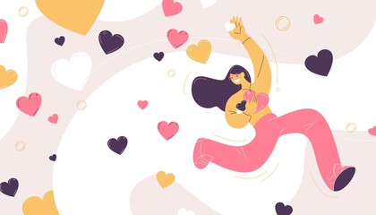Flat happy girl scatters likes or hearts around. Concept scene drawn with hypertrophied female character