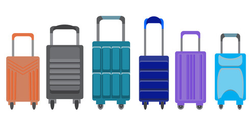 Vector set of multi-colored suitcases for travel. A collection of six different designs of Luggage for vacation. Illustration in flat style.