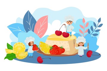 Fototapeta premium Cake with fruits, chef food vector illustration. Baking confectionery with berry decoration fruit, making sweet tasty product. Boy girl cartoon character in uniform making and decorating big cake.