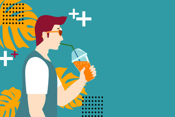 Illustration of side view and half body of a man is drinking Orange juice. He is on green background and monstera leaves. 