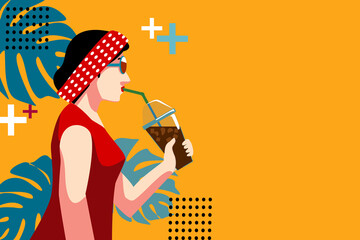 The Illustration of  woman in side view. She is drinking ice coffee with monstera leaves background.