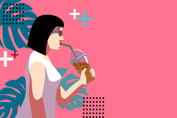 The Illustration of  woman in side view. She is drinking ice coffee with monstera leaves background.