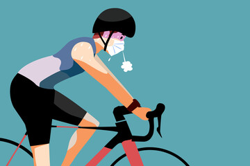 A man is wearing the face mask during exercise by  cycling is risk of hard breathing.