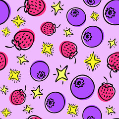 Seamless vector background wallpaper cute blueberry strawberry stars berry pattern for fabric or textile print wrapping paper