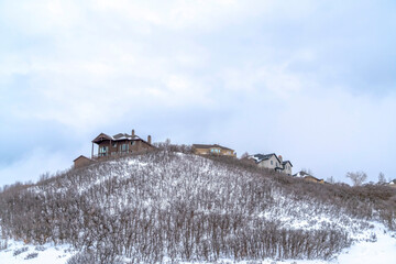 Fototapeta premium Homes atop a hill with leafless bushes on the slope covered with snow in winter