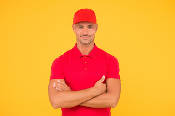 Cool and confident. Confident man keep arms crossed yellow background. Confident look of fashion...